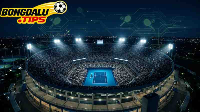 Không gian sân tennis chuẩn quốc tế rực lửa dưới ánh đèn đêm